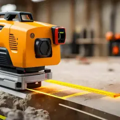 Pomarańczowa poziomica laserowa emituje linie na powierzchni roboczej, pomagając w precyzyjnych pomiarach.
