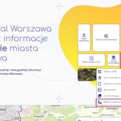 Ikona z budynkiem i napisem "Rejestr pozwoleń na budowę" na tle mapy Warszawy.
