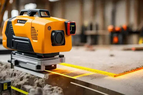 Pomarańczowa poziomica laserowa emituje linie na powierzchni roboczej, pomagając w precyzyjnych pomiarach.