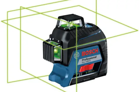 Poziomica laserowa Bosch Professional GLL 3-80 G z zielonymi liniami lasera.