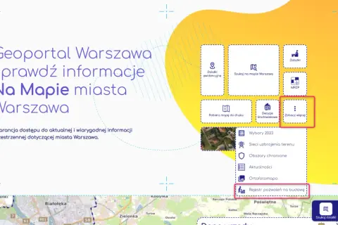 Ikona z budynkiem i napisem "Rejestr pozwoleń na budowę" na tle mapy Warszawy.