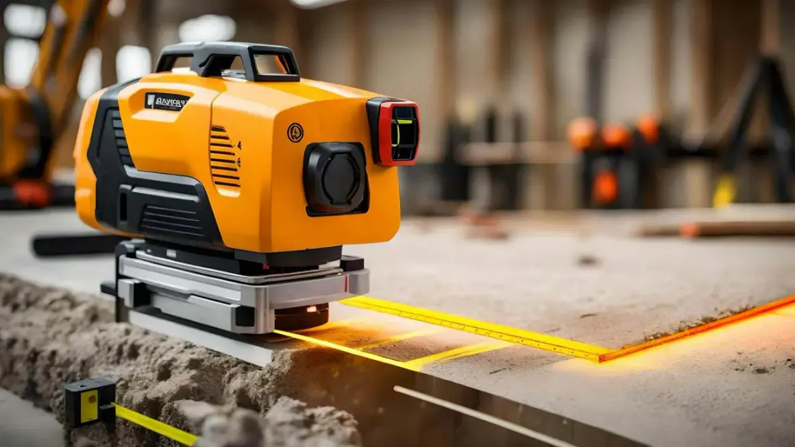 Pomarańczowa poziomica laserowa emituje linie na powierzchni roboczej, pomagając w precyzyjnych pomiarach.
