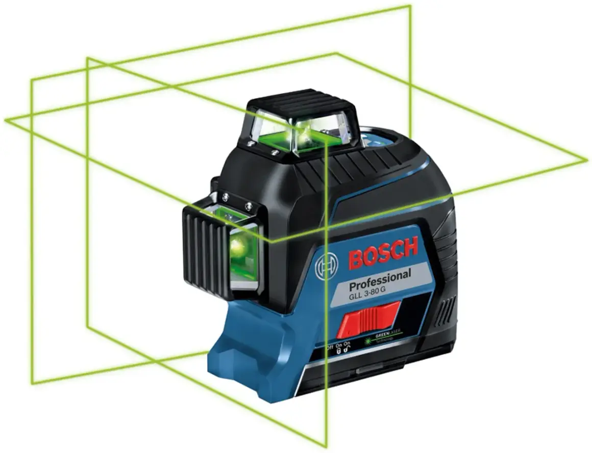 Poziomica laserowa Bosch Professional GLL 3-80 G z zielonymi liniami lasera.