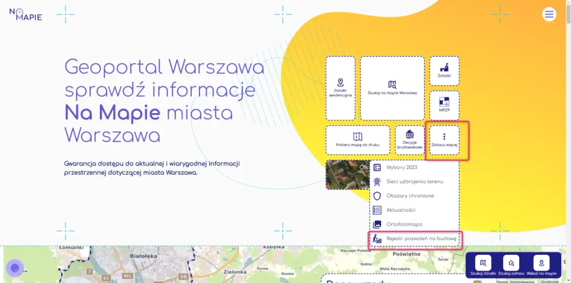 Ikona z budynkiem i napisem "Rejestr pozwoleń na budowę" na tle mapy Warszawy.