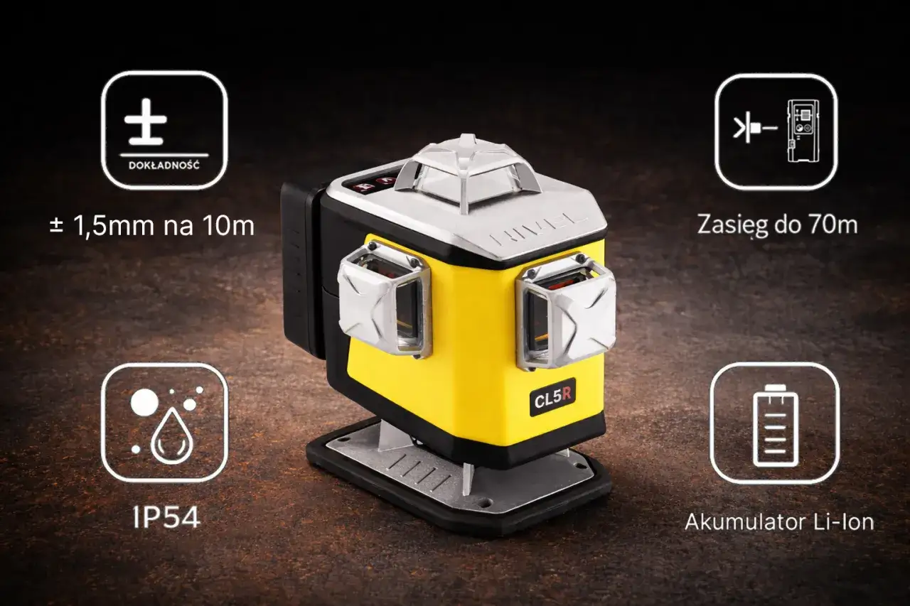 Jaka poziomica laserowa CL5R? Dokładność ±1,5mm/10m, zasięg 70m, IP54, akumulator Li-Ion.