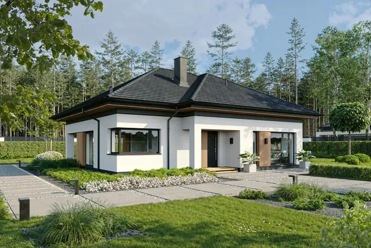 Nowoczesny dom z pozwoleniem na budowę, otoczony zielenią i lasem. Zapytaj, ile kosztuje projekt domu z pozwoleniem na budowę, by zrealizować marzenie.