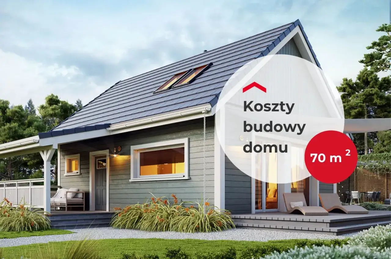 Ile kosztuje pozwolenie na budowę domu 70 m²? Wizualizacja nowoczesnego, parterowego domu z tarasem i ogrodem.