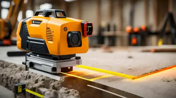 Pomarańczowa poziomica laserowa emituje linie na powierzchni roboczej, pomagając w precyzyjnych pomiarach.