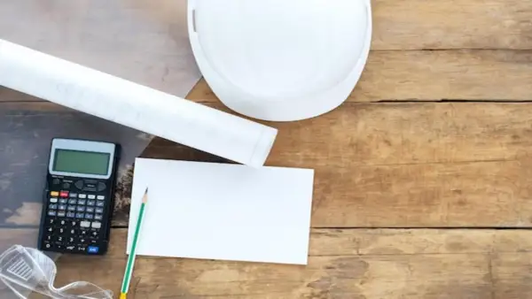 Kalkulator, biała kartka, ołówek, rolka z planami i kask budowlany. Zastanawiasz się, ile kosztuje pozwolenie na budowę?